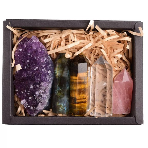 MATROOY 1set Natural Amethyst Cluster Rose Quartz Hexagonal Healing Wand Point Crystal