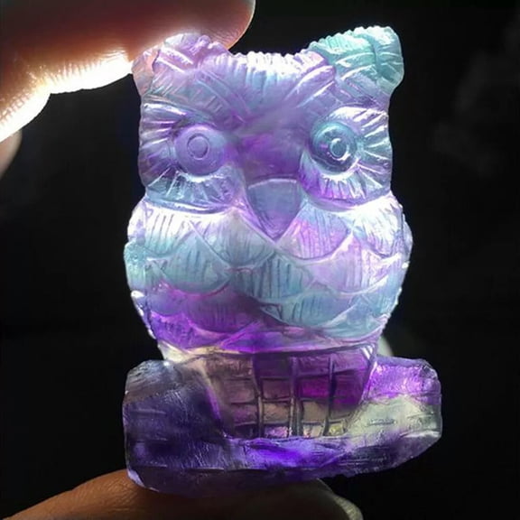 MATROOY 2" Carved Rainbow fluorite owl Natural stone Quartz Crystal owl skull