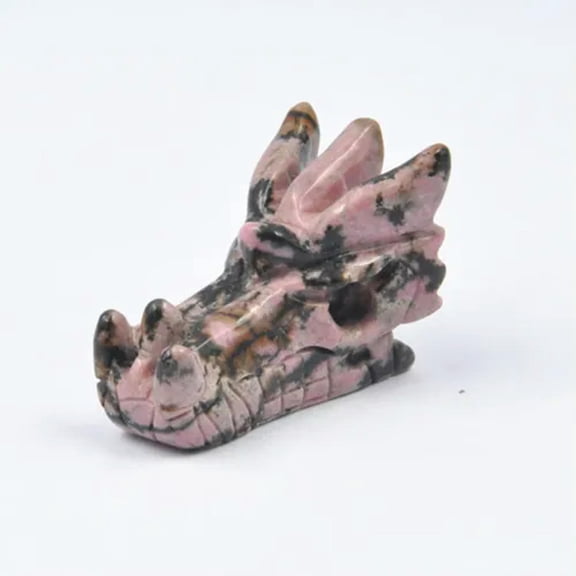MATROOY 2" Hand Carved Dragon Head Skull Natural Quartz Crystal Skull Healing statue-Rhodonite