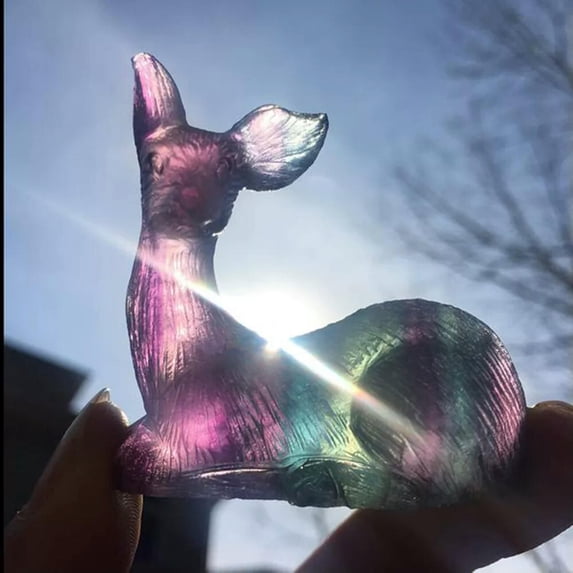 MATROOY 2" Hand Carved Rainbow fluorite deer Natural stone Quartz Crystal skull healing