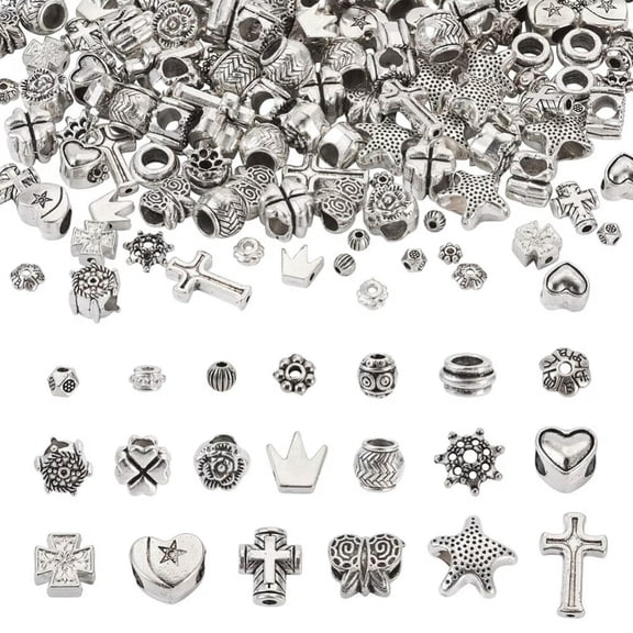 MATROOY 200Pcs Assorted Alloy Beads Antique Silver Heart Cross Flower Crown Spacer Bead