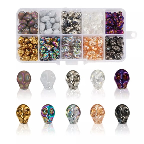 MATROOY 200pcs Glass Skull Head Beads Mixed Colors Metallic Skeleton Bone Head 10x8mm