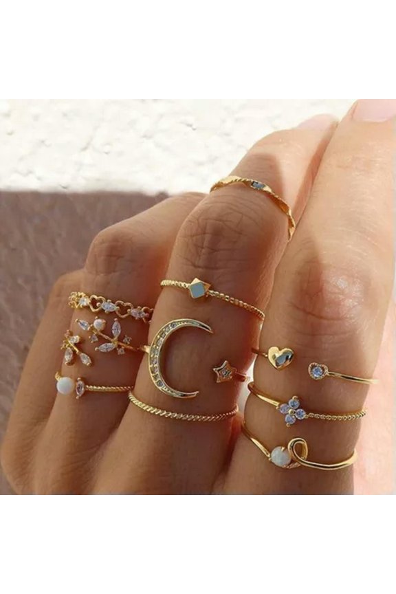 2024 Fashion Womens Boho Retro Finger Knuckle Rings Set Party Wedding Jewellery-25-10pcs Moon Star Leaves