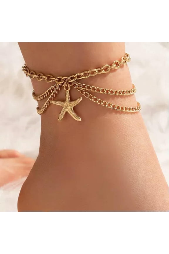 2024 Summer Multilayer Boho Shell Starfish Bead Beach Anklet Bracelet Foot Chain-Starfish