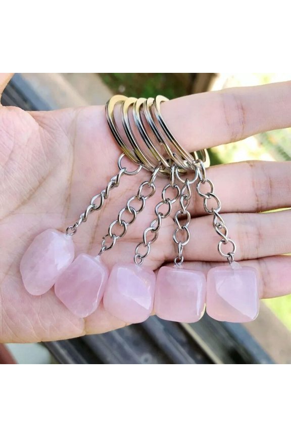 20PCS Natural Rose Quartz Stone Irregular Keyring Key Chain Ring Bag Pendant