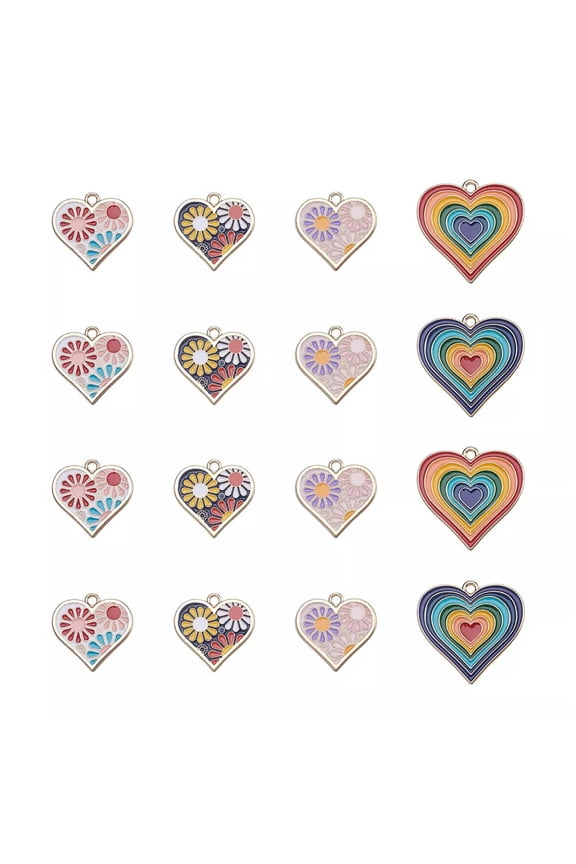 20Pcs Enamel Pendants Heart & Flower Mixed Color Alloy Dangle Charms 5 Style