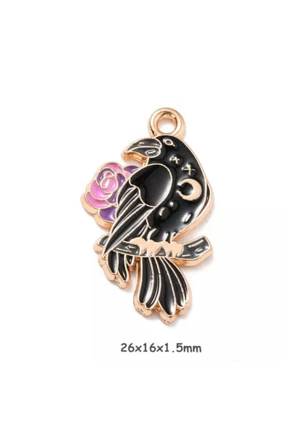 20pcs Gothic Style Black Raven Charms Halloween Enamel Pendants Moon Skull Rose-Crow with Rose Flower