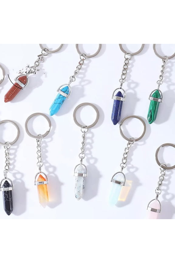 20pcs Hexagonal Pointed Key Chain Natural Amethyst Crystal Point Chain Gemstone