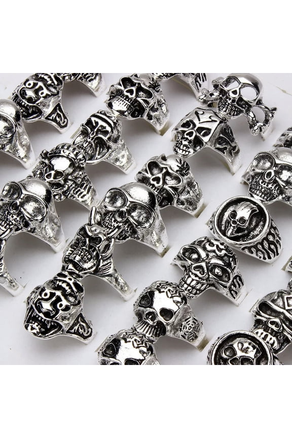 20pcs Over Size Gothic Skull Carved Biker Mixed Styles Men's Anti-Silver Rings