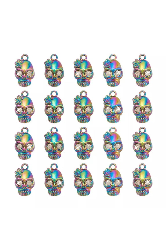20pcs Rainbow Alloy Skull Pendants Multi-Color Rhinestone Dangle Charms 22.5mm
