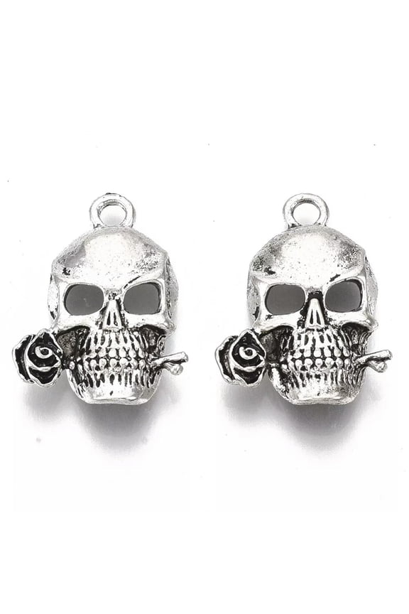 20pcs Tibetan Alloy Pendants Skull with Rose Antique Silver 24x17mm Tiny Charms
