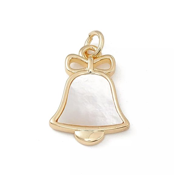MATROOY 20pcs White Shell Pendants Christmas Bell with Bowknot Brass Charms Golden