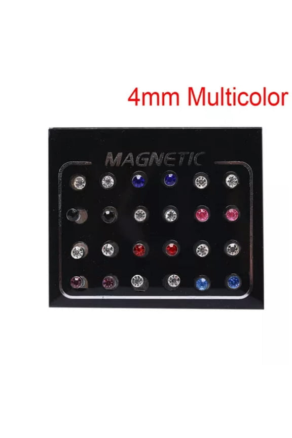 24Pcs/Set Magnetic Non-Piercing Clip Round Rhinestone Stud Earrings Jewelry>-Multicolor-4mm