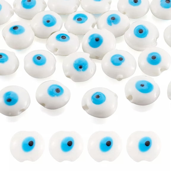 MATROOY 24pcs Lampwork Evil Eye Beads Flat Round White Glass Spacer Bead 16~17mm
