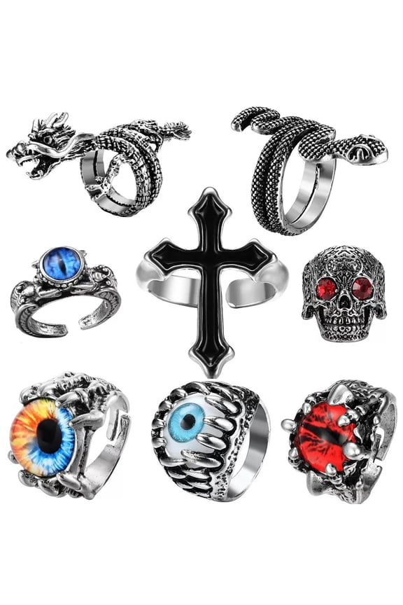 24pcs Vintage Animals Dragon Cross Snake Ring Men Punk Open Adjustable Rings
