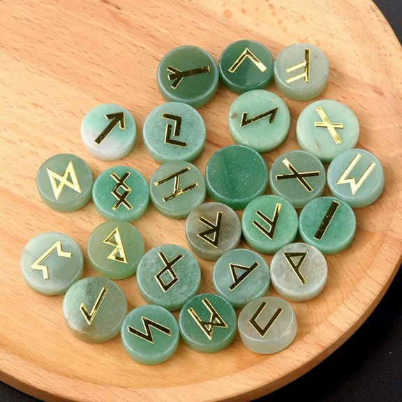 MATROOY 25pcs Green Aventurine Stone Rune Set Elder Futhark Reiki Healing Gemstone