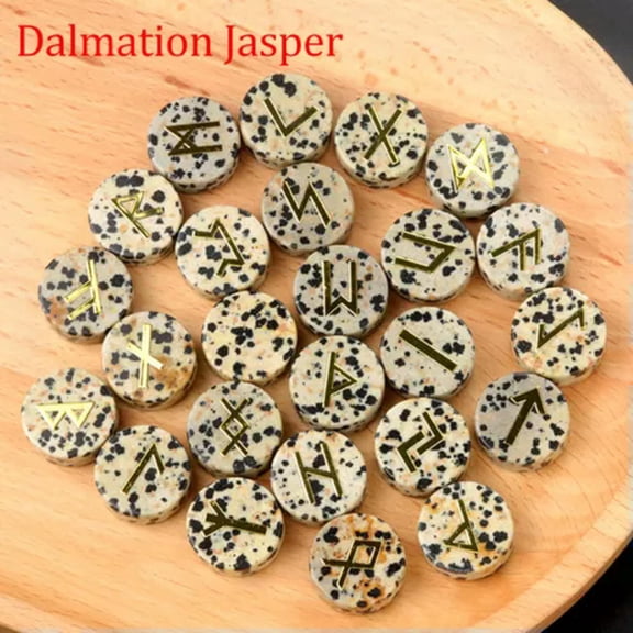 MATROOY 25pcs Natural Crystal Quartz Stone Rune Set Elder Futhark Reiki Healing Gemstone-Dalmation Stone