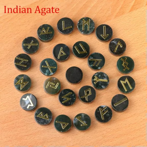 MATROOY 25pcs Natural Crystal Quartz Stone Rune Set Elder Futhark Reiki Healing Gemstone-India Agate