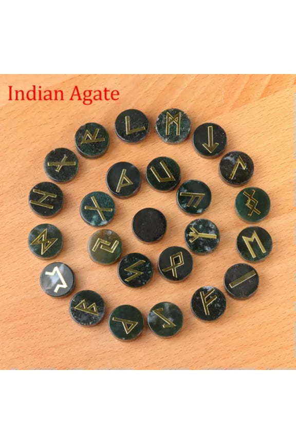 25pcs Natural Crystal Quartz Stone Rune Set Elder Futhark Reiki Healing Gemstone-India Agate