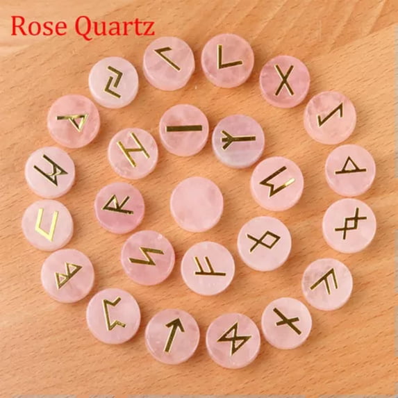 MATROOY 25pcs Natural Crystal Quartz Stone Rune Set Elder Futhark Reiki Healing Gemstone-Rose Quartz