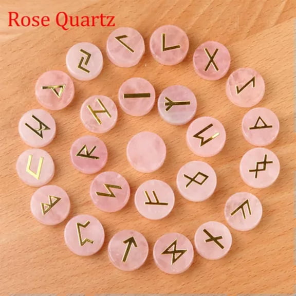 MATROOY 25pcs Natural Crystal Quartz Stone Rune Set Elder Futhark Reiki Healing Gemstone-Rose Quartz