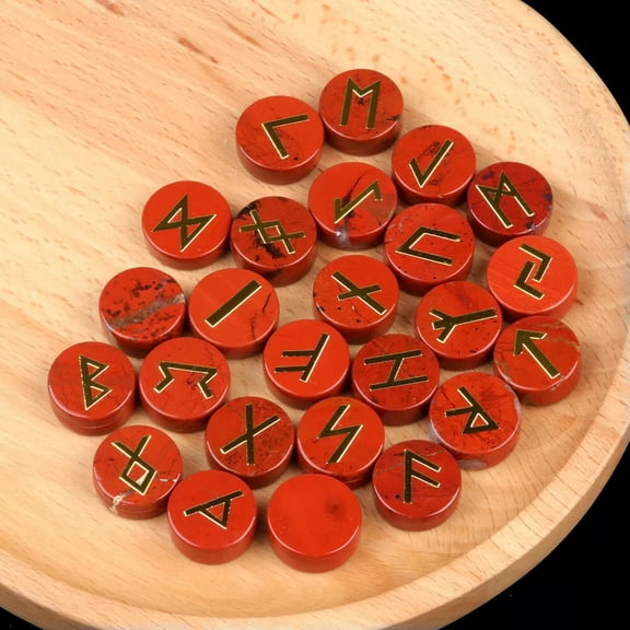 MATROOY 25pcs Red Jasper Stone Rune Crystal Set Elder Futhark Reiki Healing Gemstone