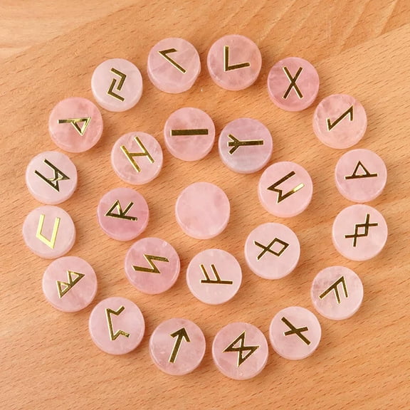 MATROOY 25pcs Rose Quartz Stone Rune Crystal Set Elder Futhark Reiki Healing Gemstone