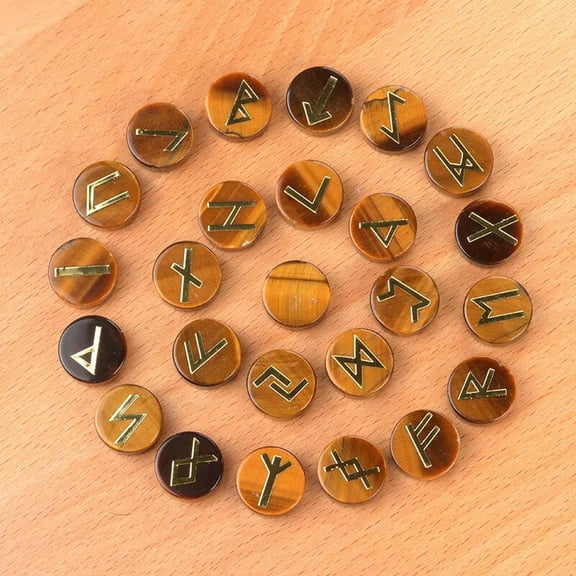 MATROOY 25pcs Tiger Eye Stone Rune Stones Set Elder Futhark Reiki Healing Gemstone