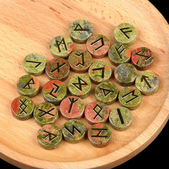 MATROOY 25pcs Unakite Stone Rune Crystal Set Elder Futhark Reiki Healing Gemstone
