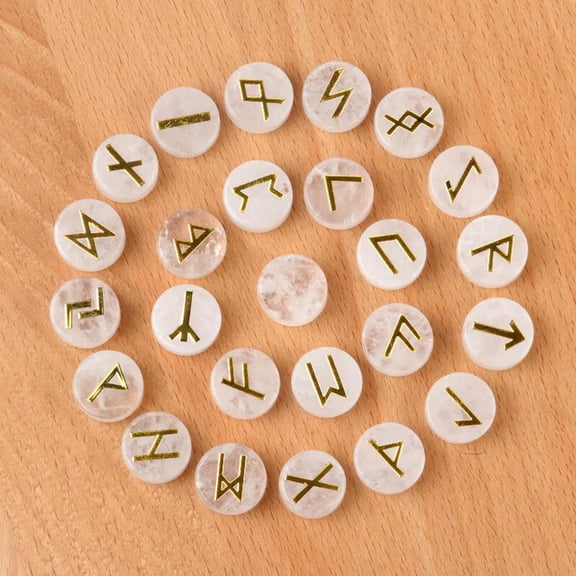 MATROOY 25pcs White Crystal Stone Rune Crystal Set Elder Futhark Reiki Healing Gemstone