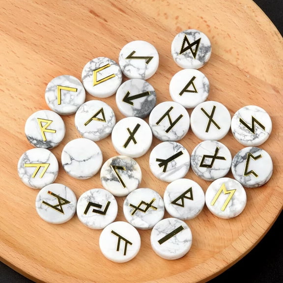 MATROOY 25pcs White Howlite Stone Rune Crystal Set Elder Futhark Reiki Healing Gemstone