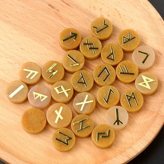 MATROOY 25pcs Yellow Jade Stone Rune Crystal Set Elder Futhark Reiki Healing Gemstone