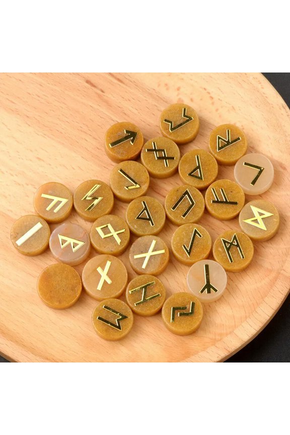 25pcs Yellow Jade Stone Rune Crystal Set Elder Futhark Reiki Healing Gemstone