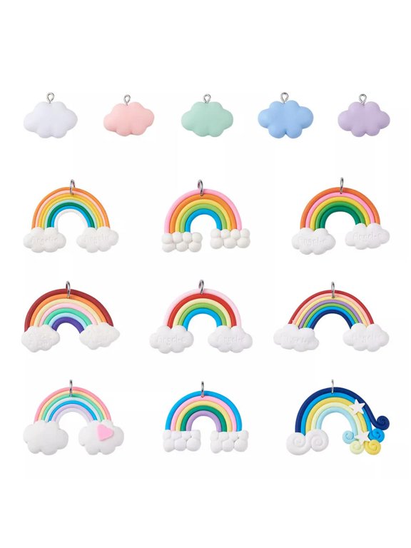 28pcs Resin Cloud Rainbow Pendants Colorful Polymer Clay Flat Back Dangle Charms