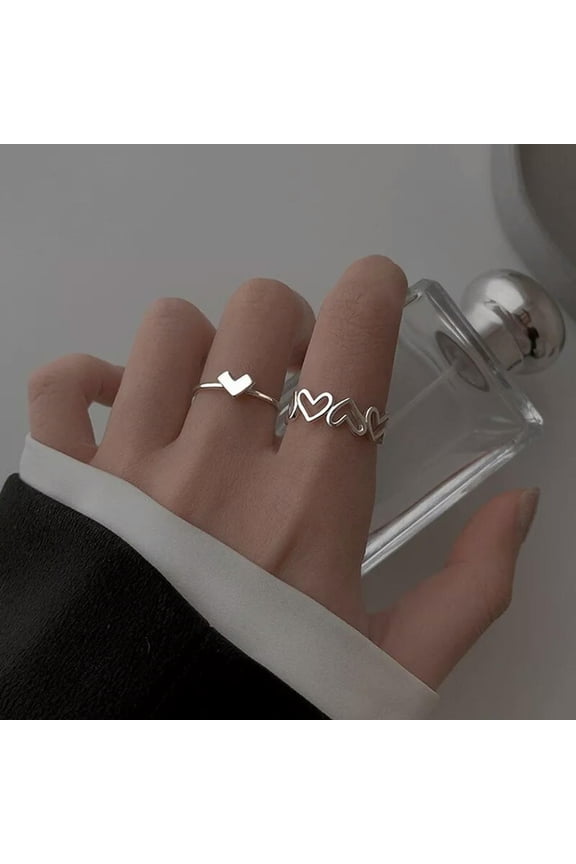 2PCS Fashion Hollow Out Love Heart Ring Personality Geometric Rings Opening R_tu