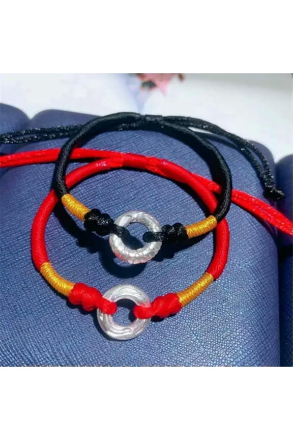 2PCS Pure S999 Sterling Silver Luck Dragon Phoenix Circle Cord Braided Bracelet