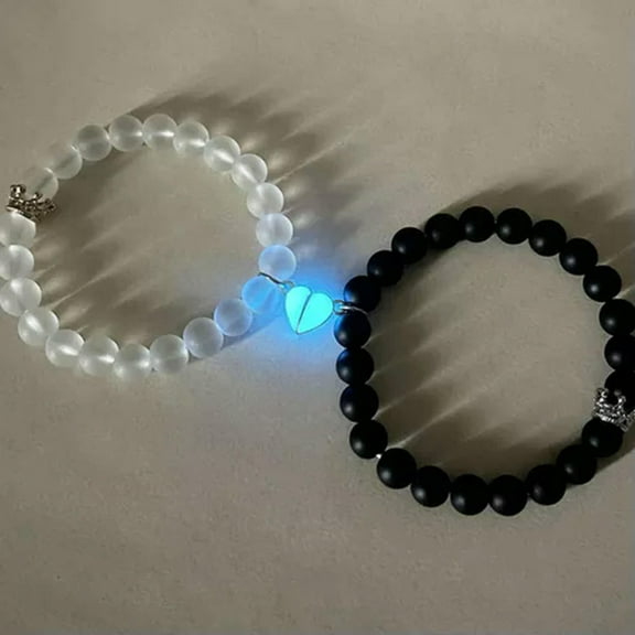 MATROOY 2Pcs Adjustable Luminous Heart Magnetic Couple Bangles Elastic Beads Bracelet-White Black