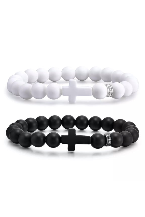 2Pcs Set Silicone Cross Beaded Bracelet for Men Women Stretch Jesus Wristband