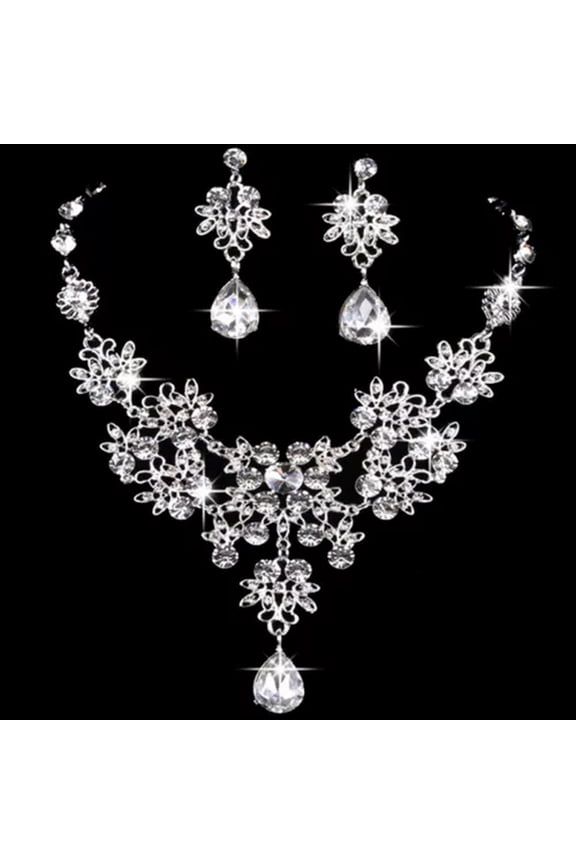 2Pcs Wedding Party Necklace Earring Set Flower Water Drop Necklace Jewelry S WY4-White