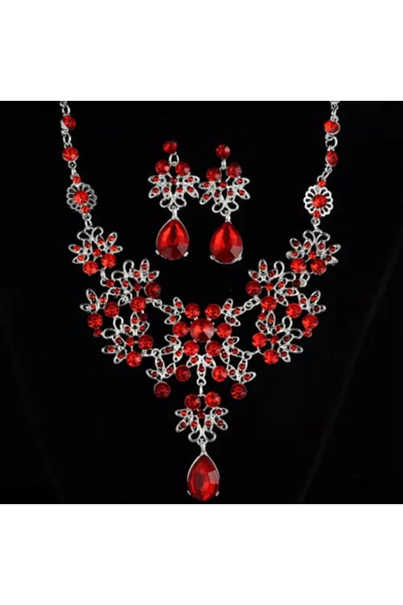 2Pcs Wedding Party Necklace Earring Set Flower Water Drop Necklace Jewelry Set-Red