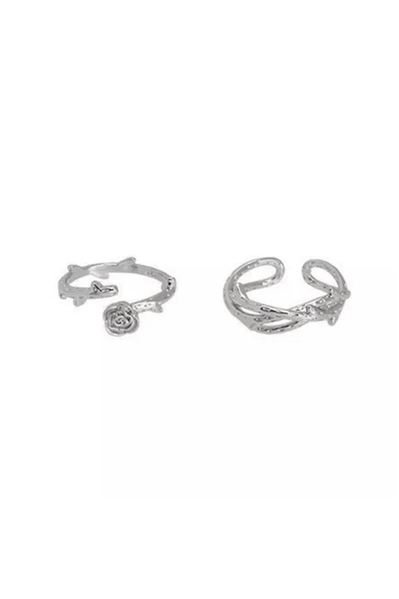 2Pcs/set Silver Adjustable Couple Ring Flower Vineman Punk Style Finger Ring-Bramble Rose