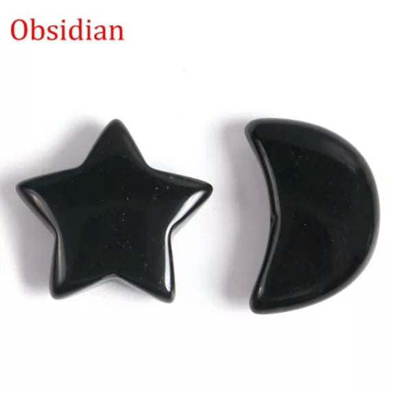 MATROOY 2pcs Natural Crystal Moon Star Carved Quartz Stone Reiki Healing Gift-Obsidian