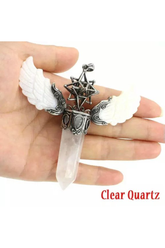 2pcs Natural Gemstone Crystal Wing Pendant Reiki Healing Amulet Energy Generator-2pcs Clear Quartz