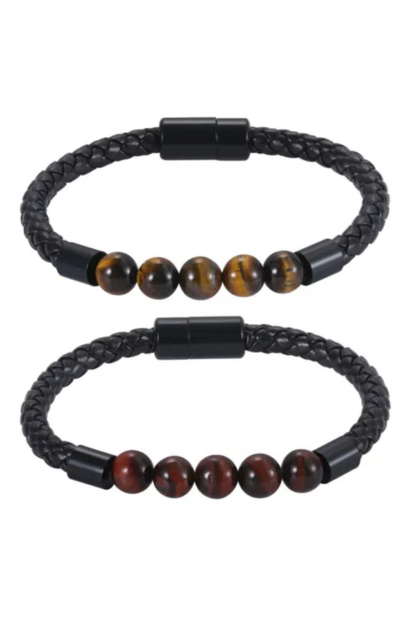 2pcs Tiger Eye Lava Stone Beads Bracelet Braided Leather Bracelet For Men-A