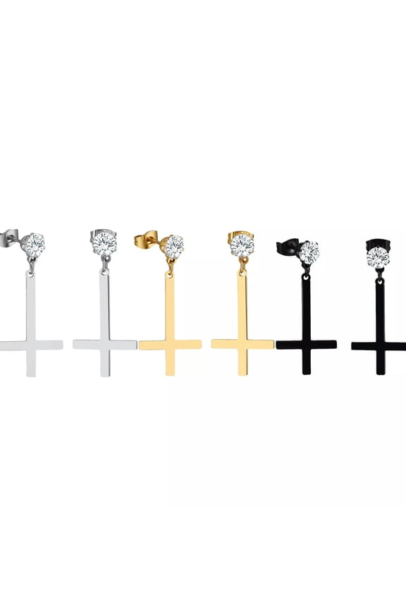 3 Pairs Upside Down Cross Dangle Earrings Inverted Cross CZ Stud Earrings Set