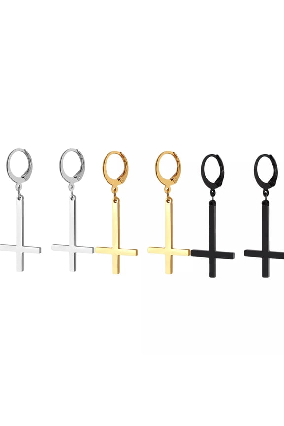 3 Pairs Upside Down Cross Hoop Earrings Inverted Cross Dangle Drop Earrings Set