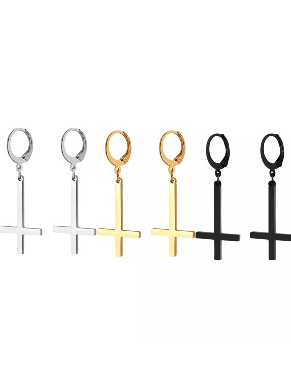 3 Pairs Upside Down Cross Hoop Earrings Inverted Cross Dangle Drop Earrings Set