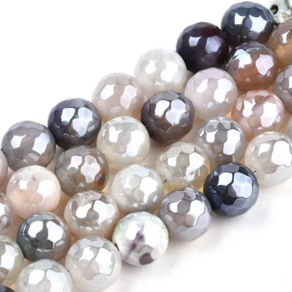 MATROOY 3 Strands 8mm Natural Agate Beads Luster Faceted Round Gemstone 47pcs/strand-Antique White