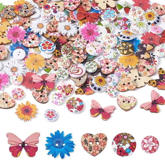 MATROOY 300pcs Wood Buttons Flat Round Flower Heart Butterfly Mixed Assorted 2 Holes