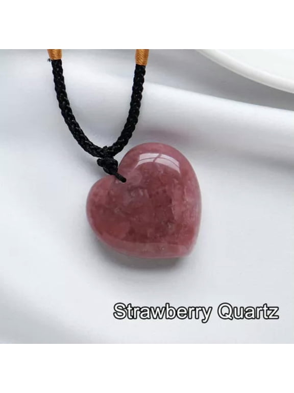 30mm Natural Crystal Love Heart Pendant Reiki Healing Gemstone Necklace Jewelry-Strawberry Quartz
